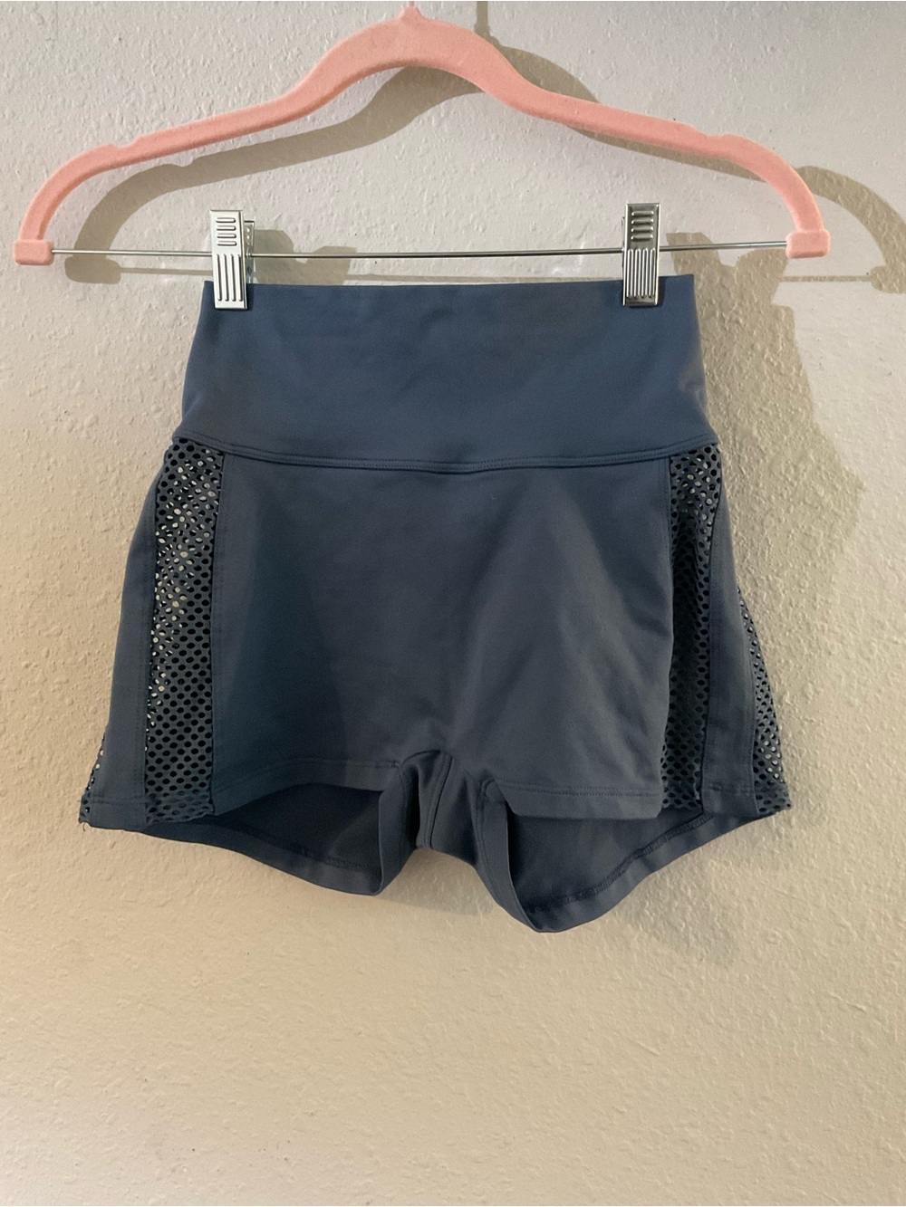 Bombshell Sportswear Slate Blue High-Waist Athletic Shorts with Mesh Panels